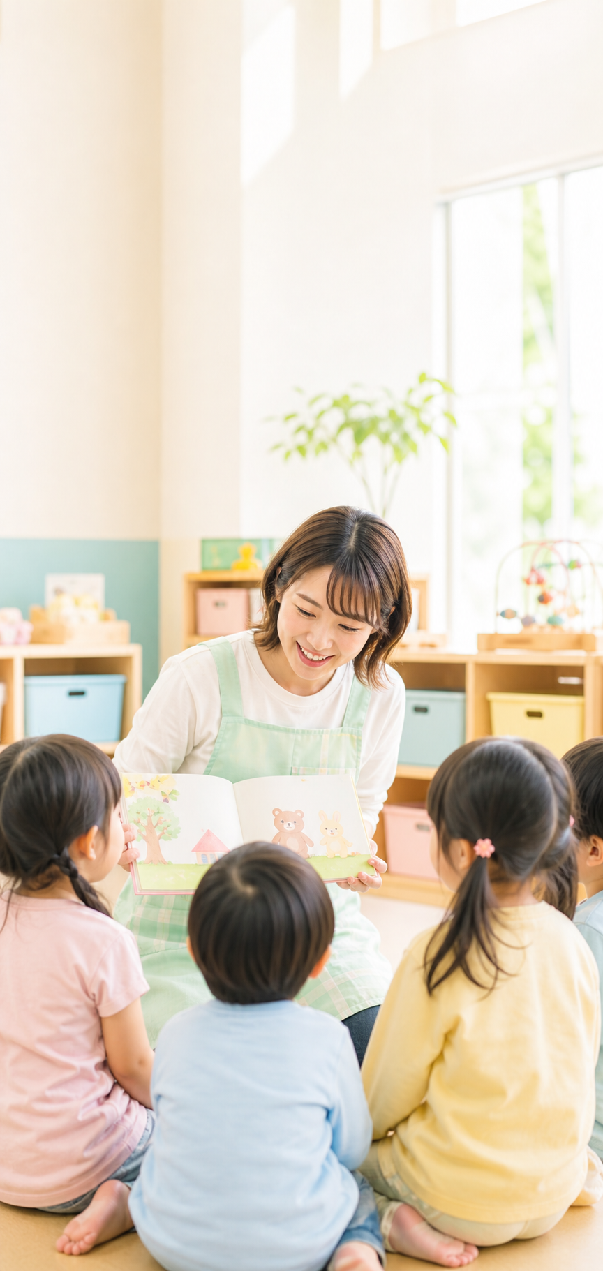 保育士が子どもたちに絵本を読んでいる様子